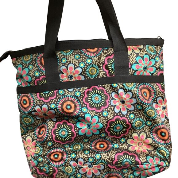 LG retro colors Floral Nylon Tote Bag With Zipper Closure zip inside and out‎ - Picture 2 of 9